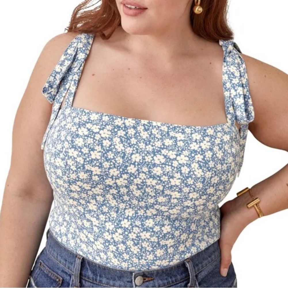 Reformation Ellora Azzurro Floral Tie Shoulder Top